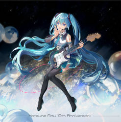 Rule 34 | 1girl, achyue, anniversary, aqua hair, blue eyes, boots, character name, detached sleeves, electric guitar, fender stratocaster, full body, guitar, hatsune miku, headset, highres, instrument, long hair, necktie, open mouth, skirt, solo, thigh boots, thighhighs, twintails, very long hair, vocaloid
