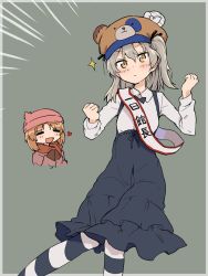 Rule 34 | 2girls, :d, beanie, bear hat, birthday sash, black neckwear, black ribbon, black skirt, blush, boko (girls und panzer), bow, bowtie, brown eyes, casual, chibi, chibi inset, clenched hands, closed eyes, closed mouth, coat, collared shirt, commentary, cropped torso, emphasis lines, frown, girls und panzer, grey background, hair ribbon, hat, heart, high-waist skirt, highres, light blush, light brown hair, long hair, long sleeves, medium skirt, mittens, monolith (suibou souko), multiple girls, nishizumi miho, one side up, open mouth, pantyhose, pink coat, pink hair, red mittens, red scarf, ribbon, sash, scarf, shimada arisu, shirt, simple background, skirt, smile, sparkle, standing, striped clothes, striped legwear, striped pantyhose, suspender skirt, suspenders, translated, white shirt