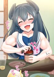 Rule 34 | 1girl, absurdres, alcohol, beer, beer bottle, black hair, blue one-piece swimsuit, blush, closed eyes, cup, fish (food), hair between eyes, harurukan, headgear, highres, i-47 (kancolle), kantai collection, long hair, muscular, muscular female, one-piece swimsuit, open mouth, sailor collar, school swimsuit, smile, solo focus, swimsuit, white sailor collar