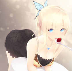 Rule 34 | 1girl, alternate hairstyle, bent over, blonde hair, blue eyes, boku wa tomodachi ga sukunai, breasts, butterfly hair ornament, cait aron, cleavage, closed mouth, commentary request, dress, food, fruit, hair between eyes, hair ornament, highres, incoming food, kashiwazaki sena, large breasts, long hair, looking at viewer, necktie, ponytail, short dress, sidelocks, simple background, smile, solo, spoon, strawberry