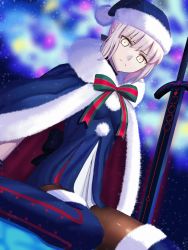 Rule 34 | 1girl, arm support, artoria pendragon (all), artoria pendragon (fate), aurora, bad id, bad pixiv id, blue cape, cape, christmas, dutch angle, excalibur morgan (fate), fate/grand order, fate (series), from behind, fur-trimmed legwear, fur trim, hat, kazama (akki12), looking at viewer, pantyhose, planted, platinum blonde hair, santa alter, santa hat, sitting, solo, thighs, wariza, weapon