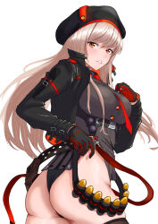 Rule 34 | 1girl, absurdres, arm pouch, ass, bandolier, belt pouch, beret, black choker, black gloves, black jacket, black leotard, black shirt, black thighhighs, blush, breasts, choker, collared shirt, cropped jacket, from behind, gloves, goddess of victory: nikke, hair between eyes, hat, highres, jacket, large breasts, leotard, leotard under clothes, light brown hair, long hair, looking at viewer, looking back, necktie, orange eyes, parted lips, pouch, ramuneogura, rapi (nikke), red gloves, red jacket, red necktie, shirt, solo, thighhighs, two-sided fabric, two-sided jacket, two-tone gloves