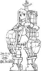 Rule 34 | 1girl, asymmetrical bangs, dated, greyscale, kantai collection, loafers, long hair, long sleeves, looking at viewer, monochrome, one-hour drawing challenge, pleated skirt, rigging, sagiri (kancolle), sailor collar, school uniform, serafuku, shoes, signature, skirt, smile, socks, swept bangs, task (s task80), torpedo tubes, turret, twitter username, white background