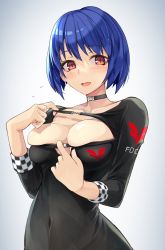Rule 34 | 1girl, alice gear aegis, black dress, blue hair, blush, choker, commentary request, dress, highres, korezyanai, looking at viewer, matoba aoi, navel, open mouth, red eyes, skindentation, solo