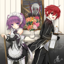Rule 34 | 1boy, 1girl, :d, aisha landar, alternate costume, bad id, bad pixiv id, bare shoulders, black gloves, blush, butler, corset, cup, detached sleeves, drawing (object), elsword, elsword (character), enmaided, fine art parody, flower, formal, gloves, holding, kettle, maid, maid headdress, nairofu, oao, open mouth, pants, pantyhose, parody, portrait (object), purple eyes, purple hair, ran (elsword), red eyes, red hair, short hair, skirt, smile, suit, tea set, teacup, teapot, the scream, tray, twintails, vase, white pantyhose