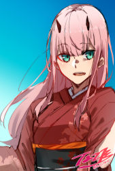 Rule 34 | 1girl, :d, absurdres, aqua eyes, blue background, blunt bangs, darling in the franxx, floating hair, floral print, highres, horns, japanese clothes, kimono, long hair, looking at viewer, makeup, mascara, nakoya (nane cat), obi, open mouth, pink hair, print kimono, red kimono, sash, signature, sketch, smile, solo, straight hair, twitter username, upper body, very long hair, zero two (darling in the franxx)
