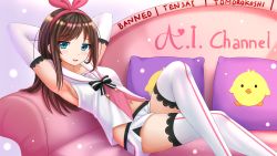 Rule 34 | 1girl, arm warmers, armpits, arms behind head, arms up, blue eyes, blush, bow, breasts, brown hair, couch, crossed legs, frills, hair bow, hairband, highres, kazenokaze, kizuna ai, kizuna ai inc., long hair, looking at viewer, lying, multicolored hair, navel, on back, open mouth, pillow, pink bow, pink hair, sailor collar, short shorts, shorts, sideboob, sitting, small breasts, smile, solo, streaked hair, thighhighs, virtual youtuber