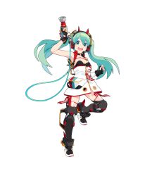 Rule 34 | 1girl, aqua eyes, aqua hair, arm up, belt, black gloves, commentary, dress, fingerless gloves, full body, gloves, goodsmile racing, hatsune miku, headphones, headset, highres, impact wrench, len (a-7), looking at viewer, official art, open mouth, racing miku, racing miku (2020), shin guards, sleeveless, sleeveless dress, smile, solo, vocaloid, white background, white dress