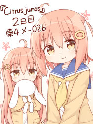 Rule 34 | 2girls, ahoge, ayanepuna, blue sailor collar, blush, brown cardigan, brown eyes, cardigan, closed mouth, commentary request, covered mouth, floral background, hair between eyes, hair ornament, hair ribbon, ii (ayanepuna), long hair, multiple girls, neckerchief, hugging object, open cardigan, open clothes, original, pink hair, ribbon, sailor collar, school uniform, serafuku, shirt, smile, stuffed animal, stuffed rabbit, stuffed toy, two side up, upper body, very long hair, white background, white ribbon, white shirt, yellow neckerchief, yune (ayanepuna)
