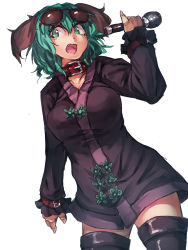 Rule 34 | 1girl, animal ears, boots, breasts, choujuu gigaku, collar, dress, eyewear on head, fang, glasses, green eyes, green hair, highres, kasodani kyouko, large breasts, matching hair/eyes, melon22, microphone, open mouth, short hair, simple background, solo, sunglasses, symposium of post-mysticism, thigh boots, thighhighs, touhou, white background, zettai ryouiki