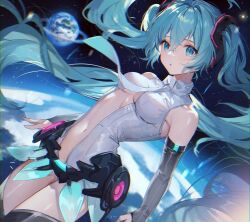 Rule 34 | 1girl, :o, absurdres, bare shoulders, black sleeves, black thighhighs, blue eyes, blue hair, blurry, breasts, center opening, detached sleeves, earth (planet), floating hair, hair ornament, hatsune miku, hatsune miku (append), highres, long hair, long sleeves, looking at viewer, medium breasts, miku day, navel, necktie, parted lips, planet, shanguier, shirt, sleeveless, sleeveless shirt, solo, stomach, thighhighs, thighs, twintails, very long hair, vocaloid, vocaloid append, white shirt