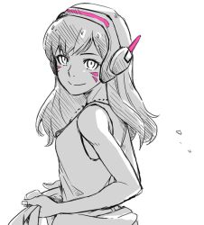 Rule 34 | 1girl, anco (platanity), bad id, bad twitter id, bare shoulders, brownmameng, clothes around waist, d.va (overwatch), facepaint, facial mark, female focus, headphones, jacket, jacket around waist, jewelry, long hair, looking at viewer, monochrome, necklace, overwatch, overwatch 1, simple background, smile, solo, spot color, tank top, whisker markings, white background