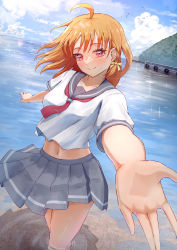 Rule 34 | 1girl, absurdres, ahoge, blush, breasts, hair ornament, highres, looking at viewer, love live!, love live! sunshine!!, midriff, navel, notinversion, orange hair, reaching, reaching towards viewer, red eyes, short hair, skirt, smile, solo, takami chika, water