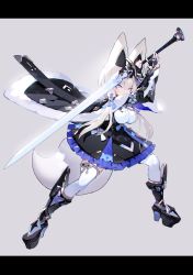 Rule 34 | 1girl, animal ear fluff, animal ears, armored boots, black dress, boots, breasts, cape, dress, fighting stance, framed breasts, frilled dress, frills, full body, grey background, grey eyes, hair between eyes, highres, holding, holding weapon, letterboxed, long hair, looking at viewer, low twintails, mamuru, medium breasts, original, simple background, solo, sword, tail, thighhighs, twintails, v-shaped eyebrows, weapon, white hair, white thighhighs