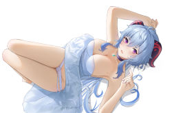 Rule 34 | 1girl, absurdres, ahoge, arm up, arms up, bare arms, bare shoulders, blue dress, blue hair, blue panties, blush, breasts, choker, cleavage, clothes lift, collarbone, commentary, dress, dress lift, full body, ganyu (genshin impact), gem, genshin impact, glint, goat horns, highres, horns, large breasts, looking at viewer, mole, mole on breast, off-shoulder dress, off shoulder, panties, parted lips, pendant choker, purple choker, purple eyes, rosumerii, solo, thighs, underwear