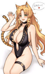 Rule 34 | 1girl, animal ears, aqua nails, arknights, bare arms, bare shoulders, black choker, black one-piece swimsuit, blonde hair, breasts, choker, claw pose, commentary, drill hair, drill sidelocks, fangs (fangs art), green eyes, groin, hand up, highres, large breasts, long hair, nail polish, one-piece swimsuit, sidelocks, simple background, sitting, solo, speech bubble, swimsuit, swire (arknights), swire the elegant wit (arknights), tail, thigh strap, thighs, tiger ears, tiger tail, very long hair, white background
