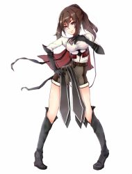 Rule 34 | 1girl, aeve, belt, black footwear, black gloves, boots, breasts, brown hair, brown shorts, cape, contrapposto, elbow gloves, full body, gloves, grey eyes, hand on own hip, hand up, legs apart, long hair, looking at viewer, medium breasts, personification, ponytail, red cape, shorts, shounan adela, simple background, smile, solo, standing, umabi, white background