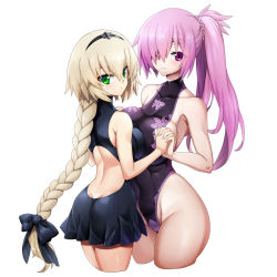 Rule 34 | 2girls, armpits, ass, asymmetrical docking, back, backless dress, backless outfit, bad id, bad pixiv id, bare shoulders, blonde hair, blush, bow, braid, breast press, breasts, butt crack, closed mouth, collarbone, colored eyelashes, cowboy shot, cropped legs, dress, french braid, from side, green eyes, groin, hair between eyes, hair bow, hair over one eye, hairband, halterneck, high ponytail, highleg, highleg leotard, holding hands, hotori (sion), impossible clothes, impossible dress, impossible leotard, interlocked fingers, lace, large breasts, leotard, light purple hair, light smile, long hair, looking at viewer, looking back, low-tied long hair, multiple girls, original, parted lips, pink hair, pleated dress, ponytail, purple eyes, red eyes, short dress, sideboob, simple background, single braid, skin tight, smile, thighs, turtleneck, very long hair, white background, white hair, yuri