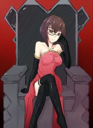 Rule 34 | 10s, 1girl, artist request, bare shoulders, brown eyes, brown hair, crossed legs, drawfag, dress, formal, girls und panzer, gradient background, hand on own cheek, hand on own face, kawashima momo, monocle, short hair, sitting, solo, source request, thighhighs, throne