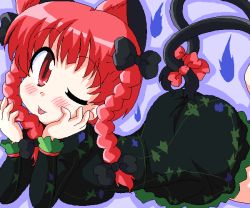 Rule 34 | 1girl, :p, ;p, animal ears, blush, bow, braid, cat ears, cat girl, cat tail, female focus, geetsu, hair bow, kaenbyou rin, lying, multiple hair bows, multiple tails, one eye closed, red eyes, red hair, ribbon, solo, tail, tail ornament, tail ribbon, tongue, tongue out, touhou, twin braids, wink