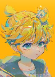 Rule 34 | 1boy, banana, bass clef, black collar, blonde hair, character doll, chibi, close-up, collar, commentary, food, fruit, green eyes, highres, kagamine len, looking ahead, male focus, mawarusanso, open mouth, portrait, sailor collar, school uniform, shirt, short ponytail, solo, spiked hair, symbol-only commentary, vocaloid, white shirt, yellow background