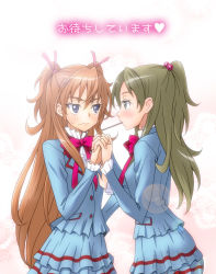 Rule 34 | 10s, 2girls, blue eyes, blue shirt, blush, bow, grabbing another&#039;s breast, brown hair, embarrassed, eunos, food, food in mouth, frown, grabbing, green eyes, hair bobbles, hair ornament, half updo, holding hands, houjou hibiki, long hair, minamino kanade, mouth hold, multiple girls, pink bow, pocky, precure, school uniform, shirt, suite precure, two side up, white background, yuri