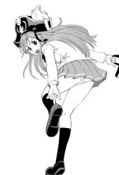 Rule 34 | 1girl, commentary request, greyscale, hair ornament, hairclip, hat, hat feather, katou marika, long hair, looking at viewer, miniskirt pirates, monochrome, open mouth, panties, pantyshot, pirate hat, school uniform, simple background, skirt, smile, solo, ueyama michirou, underwear, white background
