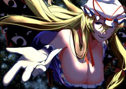 Rule 34 | 1girl, absurdres, black eyes, blonde hair, blurry, blurry background, bow, breasts, choker, cleavage, depth of field, dress, floating, floating hair, gap (touhou), hair between eyes, hair bow, half-closed eyes, hanging breasts, hat, hat ribbon, highres, huge breasts, long hair, looking at viewer, looking to the side, mob cap, off-shoulder dress, off shoulder, open hand, purple eyes, purple pupils, red bow, ribbon, ribbon choker, shaded face, shiny skin, short sleeves, sidelocks, sleeve pull, smile, solo, space, touhou, urizaku3, very long hair, white hat, yakumo yukari