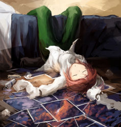 Rule 34 | 10s, 1girl, amputee, armless amputee, bed, bottle, breasts, closed eyes, double amputee, faux traditional media, katawa shoujo, painting (object), pants, red hair, shirt, short hair, sleeping, solo, tezuka rin, upside-down