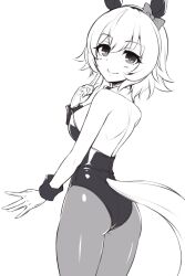 Rule 34 | 1girl, animal ears, ass, bow, bowtie, breasts, cowboy shot, curren chan (umamusume), detached collar, ear bow, ear covers, greyscale, horse ears, horse girl, horse tail, leotard, looking at viewer, medium breasts, monochrome, nontraditional playboy bunny, pantyhose, pataneet, short hair, smile, solo, strapless, strapless leotard, tail, umamusume, wrist cuffs