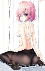 Rule 34 | 1girl, absurdres, bad id, bad pixiv id, bare arms, bare shoulders, black-framed eyewear, black pantyhose, blush, bra, breasts, closed mouth, dimples of venus, eyes visible through hair, fate/grand order, fate (series), feet, from behind, glasses, hair over one eye, highres, lipstick, looking at viewer, looking back, makeup, mash kyrielight, no shoes, panties, pantyhose, pink hair, pink lips, purple eyes, semi-rimless eyewear, shallow water, short hair, sideboob, sitting, small breasts, smile, soles, solo, thighband pantyhose, toes, twitter username, under-rim eyewear, underwear, wariza, water, white bra, white panties, yaya (yayaa 00)