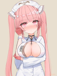 Rule 34 | 1girl, azur lane, blush, breasts, cleavage, closed mouth, commentary request, eyelashes, gloves, hat, highres, large breasts, long hair, looking at viewer, nurse cap, perseus (azur lane), perseus (unfamiliar duties) (azur lane), pink eyes, pink gloves, pink hair, solo, tansan daisuki, twintails, very long hair, wristband
