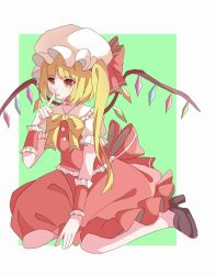 Rule 34 | 1girl, back bow, between legs, black footwear, bow, bowtie, collared shirt, finger to mouth, flandre scarlet, frilled shirt collar, frilled vest, frills, full body, green background, hand between legs, hat, highres, large bow, long hair, mob cap, multicolored wings, nymphus, orange eyes, puffy short sleeves, puffy sleeves, red bow, red skirt, red vest, shirt, short sleeves, side ponytail, simple background, sitting, skirt, solo, touhou, vest, wariza, white hat, white shirt, wings, wrist cuffs, yellow bow, yellow bowtie