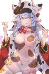 Rule 34 | 1girl, :o, animal ears, aqua hair, blush, breasts, catura (granblue fantasy), cleavage, commentary request, cow ears, cow hat, detached sleeves, ear piercing, granblue fantasy, highres, long hair, long sleeves, multicolored hair, patterned clothing, piercing, pink eyes, purple hair, see-through, shorts, solo, streaked hair, sylnice, thighhighs, open fly, white thighhighs