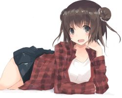 Rule 34 | 10s, 1girl, alternate costume, black skirt, blue eyes, blush, brown hair, head rest, collarbone, double bun, hair ribbon, highres, kantai collection, long sleeves, looking at viewer, lying, naka (kancolle), nao (qqqbb), on stomach, open mouth, plaid, plaid shirt, pleated skirt, ribbon, shirt, short hair, skirt, solo, white background