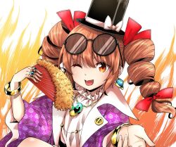 Rule 34 | 1girl, ;d, black hat, bow, bracelet, commentary request, commission, drill hair, earrings, eyewear on head, folding fan, fur trim, hand fan, hat, hat bow, holding, holding fan, jewelry, looking at viewer, naegi (naegidokoro), one eye closed, open mouth, orange eyes, orange hair, pendant, ring, round eyewear, signature, sitting, skeb commission, smile, solo, sunglasses, top hat, touhou, twin drills, upper body, white background, white bow, yorigami jo&#039;on