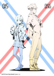 Rule 34 | 10s, 1boy, 1girl, absurdres, charm (object), clothes writing, collared shirt, contrapposto, darling in the franxx, dated, glasses, gorgeous mushroom, gorou (darling in the franxx), hair ornament, hairclip, hand up, height difference, highres, ichigo (darling in the franxx), limited palette, looking at viewer, necktie, pants, pleated skirt, popped collar, profile, shirt, shoes, short hair, skirt, smile, standing, watch, wing collar, wristwatch