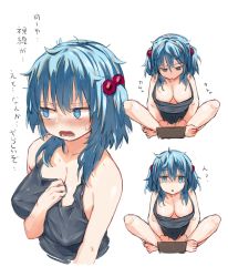 Rule 34 | 1girl, absurdres, black shirt, blouse, blue eyes, blue hair, blush, breasts, cleavage, computer, downblouse, embarrassed, hair bobbles, hair ornament, highres, indian style, kawashiro nitori, laptop, large breasts, looking at viewer, looking away, megame (okbnkn), multiple views, naked shirt, no bra, open mouth, ringed eyes, shirt, simple background, sitting, sweat, touhou, translation request, two side up, white background, wide-eyed