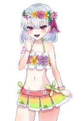Rule 34 | 1girl, bad id, bad pixiv id, bare shoulders, bikini, blush, breasts, collarbone, fate/grand order, fate (series), flower wreath, green bikini, hair ribbon, head wreath, highres, kama (fate), kama (swimsuit avenger) (fate), kama (swimsuit avenger) (first ascension) (fate), kuwowo, looking at viewer, miniskirt, navel, open mouth, rainbow skirt, red eyes, ribbon, short hair, silver hair, skirt, small breasts, smile, solo, swimsuit, thighs