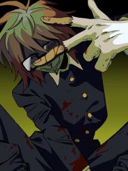Rule 34 | 1boy, arm between legs, black jacket, black pants, bleeding, blood, blood on clothes, brown hair, collared shirt, constricted pupils, feet out of frame, glasses, gloves, gradient background, hand up, jacket, knees up, leaning to the side, long sleeves, male focus, messy hair, nosebleed, pants, partially fingerless gloves, randal&#039;s friends, randal ivory, sharp teeth, shirt, smile, solo, takushi (taxi739), teeth, torn clothes, torn gloves, uneven eyes, w, wavy mouth, yellow background