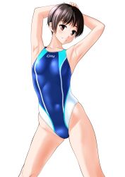 Rule 34 | 1girl, absurdres, armpits, arms behind head, black hair, blue one-piece swimsuit, breasts, clothes writing, commentary request, competition swimsuit, covered navel, feet out of frame, highleg, highleg swimsuit, highres, multicolored clothes, multicolored swimsuit, one-piece swimsuit, original, parted lips, red eyes, short hair, simple background, small breasts, smile, solo, swimsuit, takafumi, white background