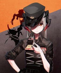 Rule 34 | 1girl, absurdres, arknights, beudelb, closed mouth, collared shirt, dragon horns, gloves, grey hair, hair between eyes, hand on own hip, hat, hat over one eye, highres, horns, id card, long hair, looking at viewer, official alternate costume, one eye covered, orange eyes, police, police hat, police uniform, saria (arknights), saria (the law) (arknights), shirt, shoulder pads, single glove, uniform, upper body, walkie-talkie