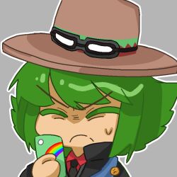 Rule 34 | 1boy, black jacket, black necktie, brown hat, cellphone, chibi, chinese commentary, closed eyes, closed mouth, collared shirt, colored eyelashes, commentary request, frown, goggles, goggles on headwear, green hair, grey background, hat, holding, holding phone, jacket, long sleeves, male focus, medium hair, necktie, otori teruya, outline, phone, priswocaer, rainbow, red shirt, shirt, simple background, solo, super danganronpa another 2, sweat, tan, v-shaped eyebrows, white outline