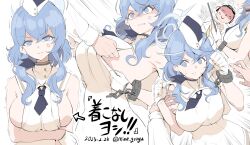 Rule 34 | 1boy, 1girl, ako (blue archive), anger vein, arm under breasts, doodle sensei (blue archive), arrow (symbol), blue archive, blue eyes, blue hair, breasts, cuffs, dated, dress, grabbing, highres, holding, large breasts, looking at viewer, medium hair, mine (wizard), necktie, official alternate costume, sensei (blue archive), shackles, shirt, short necktie, sideboob, simple background, sleeveless, sleeveless dress, translation request, twitter username, white background, white dress, white headwear, white shirt