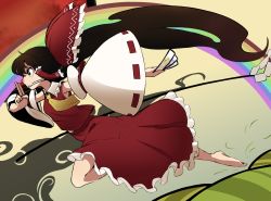 Rule 34 | 1girl, armpits, ascot, biting, black hair, bow, card, collared shirt, detached sleeves, epic armageddon, frilled hair tubes, frilled shirt collar, frilled skirt, frills, grass, hair bow, hair tubes, hakurei reimu, highres, japanese clothes, jumping, miko, neckwear request, nontraditional miko, patterned clothing, rainbow, red bow, red ribbon, red shirt, red skirt, ribbon, shirt, skirt, sleeveless, solo, touhou, unconnected marketeers, white sleeves, yellow ascot