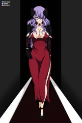 Rule 34 | 1girl, absurdres, breasts, cleavage, dress, eden&#039;s zero, highres, holy (eden&#039;s zero), large breasts, long hair, purple eyes, purple hair, red dress, solo