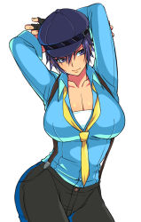 Rule 34 | 1girl, alternate breast size, arms behind head, arms up, artistic error, bad anatomy, blue eyes, blue hair, breasts, cabbie hat, cleavage, cowboy shot, curvy, eroe, female focus, fingerless gloves, gloves, hat, highres, large breasts, matching hair/eyes, md5 mismatch, necktie, persona, persona 4, persona 4: dancing all night, persona dancing, shirogane naoto, short hair, simple background, smile, solo, suspenders, white background, wide hips
