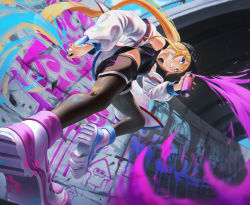 Rule 34 | 1girl, absurdres, baseball cap, black thighhighs, blonde hair, blue eyes, brown pantyhose, can, eyebrows hidden by hair, graffiti, hair between eyes, hat, highres, holding, holding can, inkling, inkling player character, jacket, long hair, looking at viewer, looking back, original, outdoors, paint, pantyhose, ponytail, running, shorts, smile, solo, thighhighs, tiokun7, vest