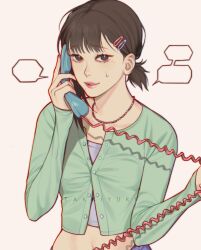 Rule 34 | 1girl, artist name, brown hair, cardigan, chainsaw man, corded phone, crop top, green cardigan, hair ornament, hairclip, higashiyama kobeni, highres, holding, holding phone, jewelry, looking at viewer, midriff, mole, mole under eye, mole under mouth, necklace, phone, short hair, short ponytail, simple background, single sidelock, solo, sweat, swept bangs, takkiyuri1, white background