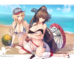 Rule 34 | 2girls, all fours, anchor necklace, ball, beach, beachball, bikini, bikini tug, blonde hair, blue eyes, breasts, brown hair, cleavage, closed mouth, collarbone, crossed arms, embarrassed, flower, hair between eyes, hair flower, hair ornament, halterneck, highres, himeyamato, iowa (kancolle), jewelry, kantai collection, large breasts, long hair, looking at another, looking at viewer, multiple girls, navel, necklace, ocean, ponytail, sandals, sidelocks, smile, star-shaped pupils, star (symbol), swimsuit, symbol-shaped pupils, umbrella, untied bikini, wristband, yamato (kancolle), yamato kai ni (kancolle)